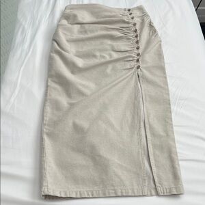 Zara Ruched Button-Detail Beige Midi Skirt